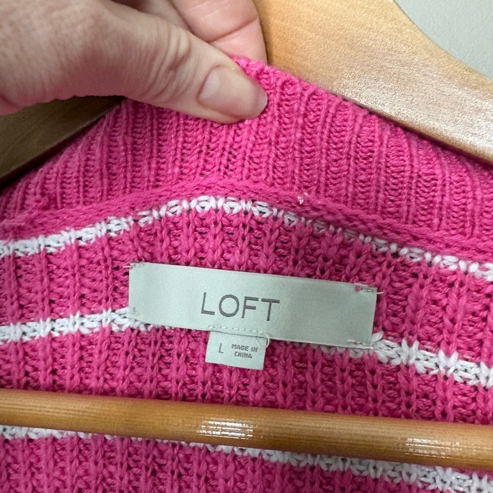 LOFT Striped Relaxed V-Neck Cardigan sweater pink & white preppy casual sz L - Picture 5 of 16